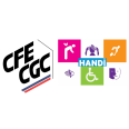 Logo CFE-CGC, avec six images qui décrivent des problèmes liés à des douleurs au dos, handicap psychique ou mental, handicap auditif, handicap visuel, personnes à mobilité réduite et handicaps cognitifs